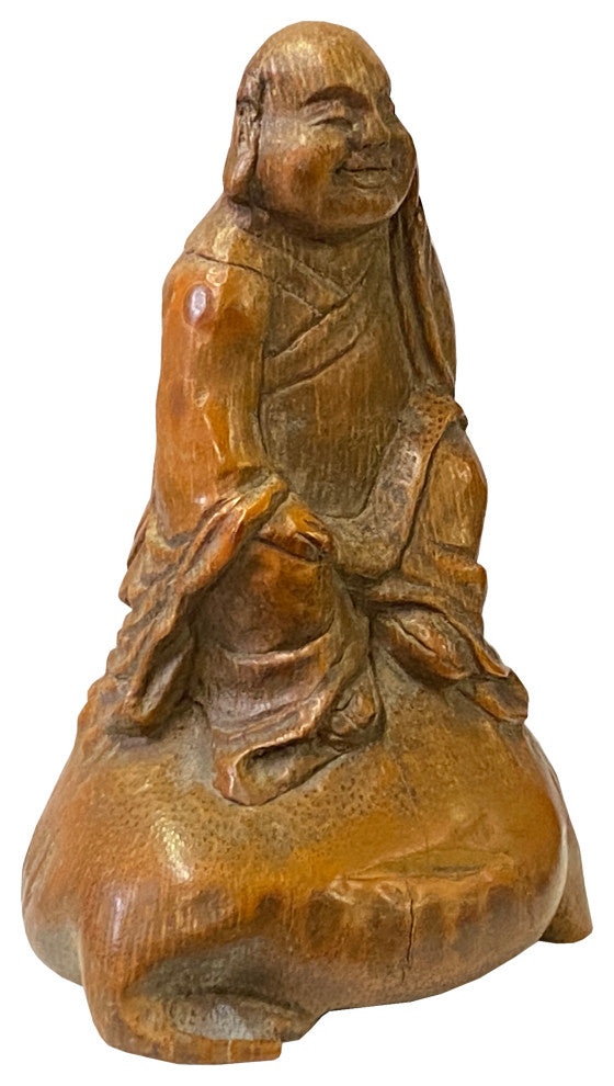 Chinese Bamboo Carved Happy Buddha on Toad Fortune Figure Hws2364