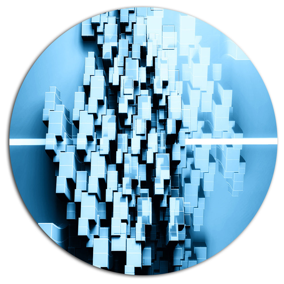 Blue 3D Cubes Fractal Design, Abstract Disc Metal Artwork, 11"