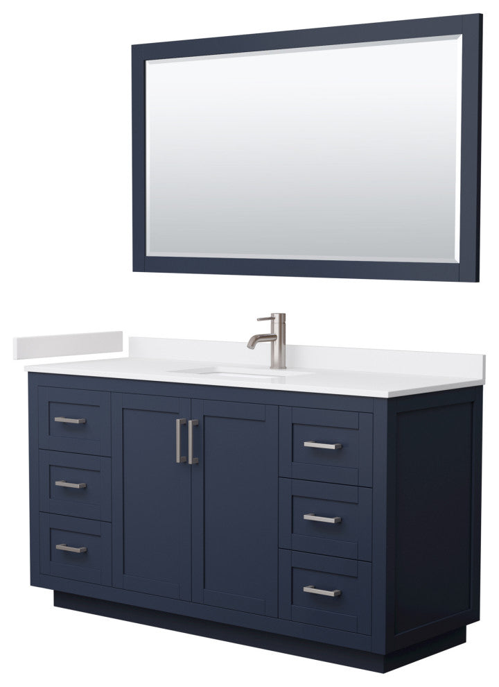 60"SGL Vanity Dark Blue, White Cult. Marble Top, Sink, Nickel Trim, 58"Mirror