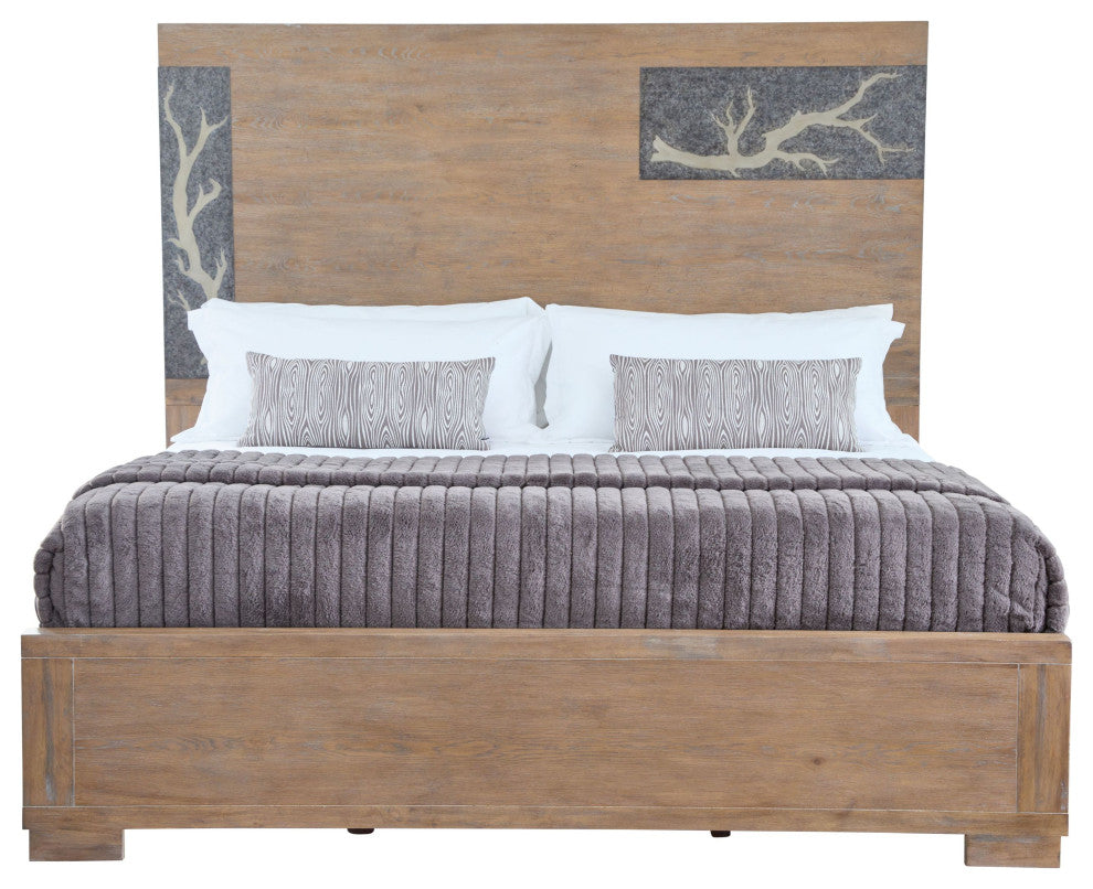 Driftwood Transitional Wooden Bedframe With Inset Panel, Queen