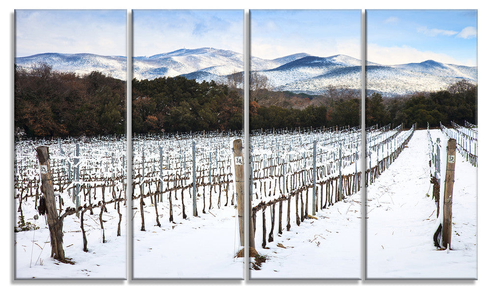 Snow Covered Vineyard Rows Italy, Landscape Canvas Art, 48"x28", 4 Panels