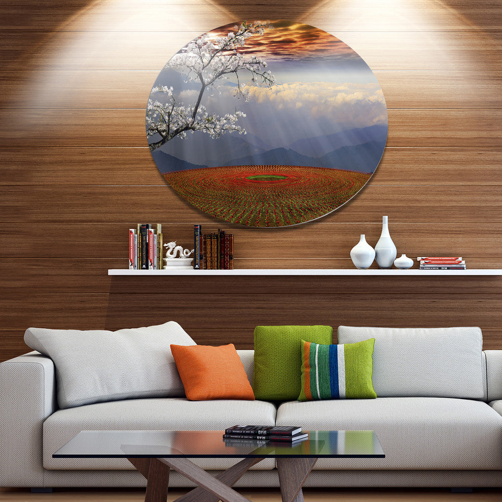Beautiful Flower Field At Sunset, Landscape Disc Metal Artwork, 36"