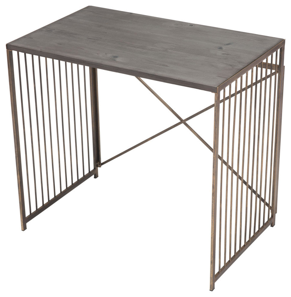Computer Desk, Steel Metal, Wood, Gray, Antique Gold, Home Business Office