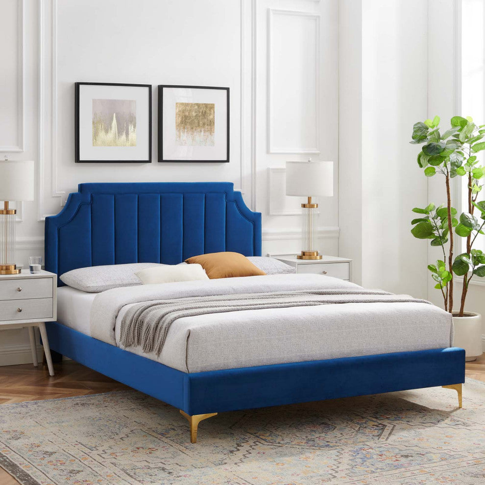 Platform Bed Frame, King Size, Velvet, Blue Navy, Modern Contemporary, Bedroom