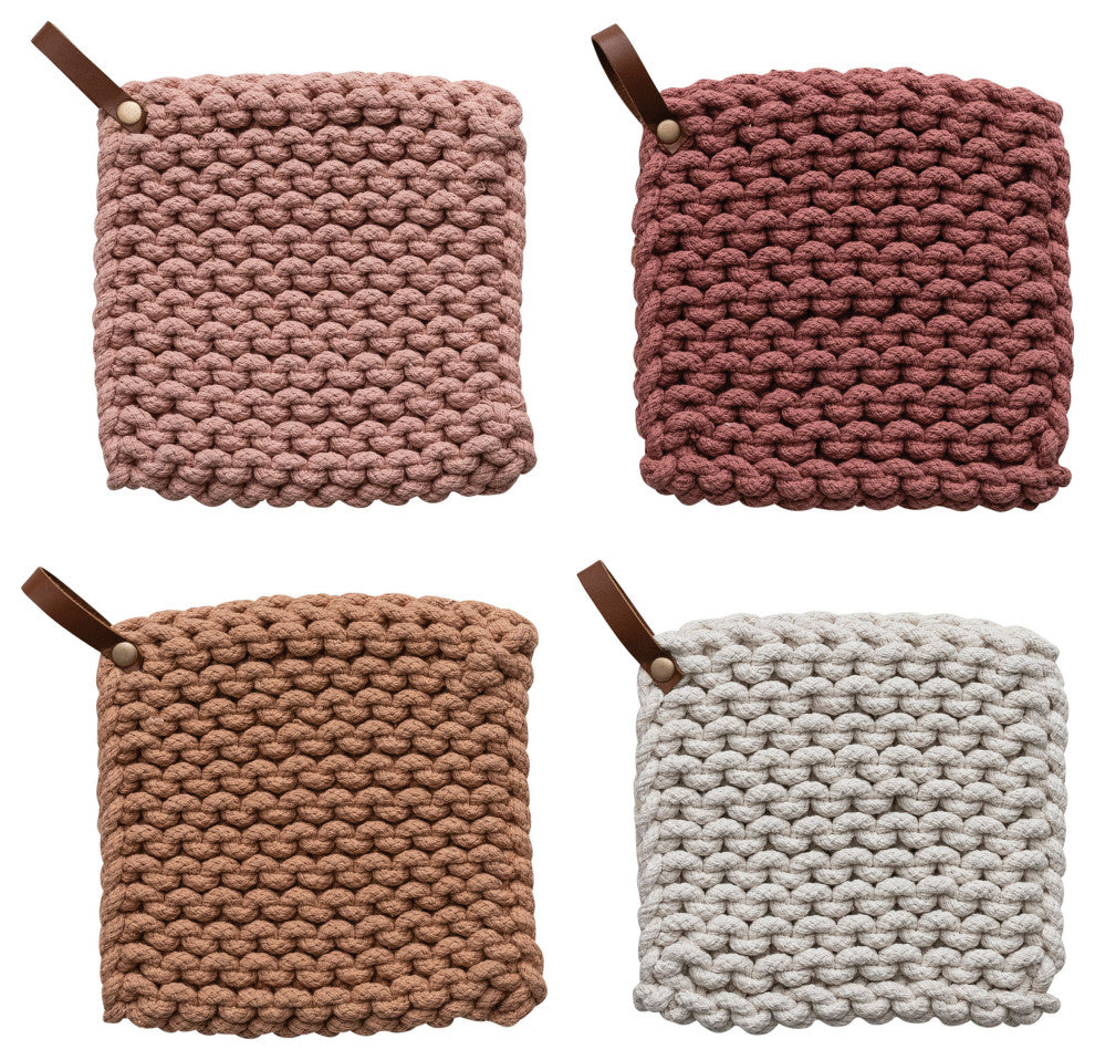 8" Crocheted Pot Holder, Leather Loop Handle for Cooking, Multicolor, Set of 4