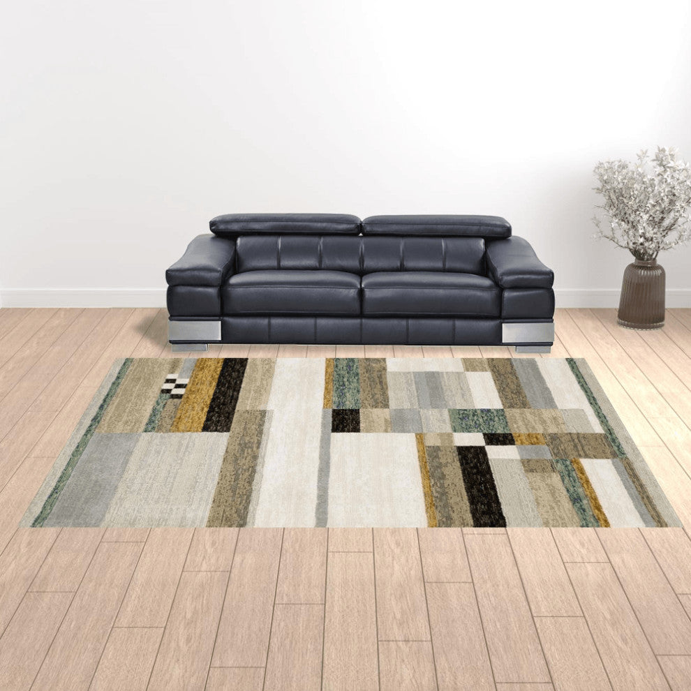 10' X 13' Beige Gold Black Grey Tan Teal And Rust Geometric Power Loom Area Rug