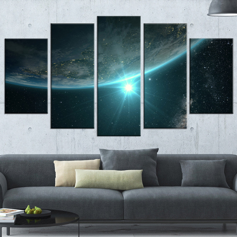 "Sunrise in Earth From Space" Contemporary Landscape Wall Art, 5 Panels, 60"x32"