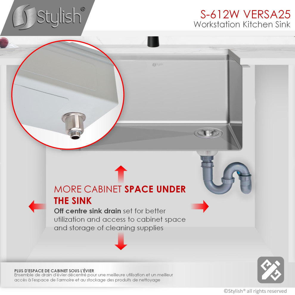 STYLISH 25 L x 19 W-inch Undermount Single Bowl 16G Kitchen Sink Workstation
