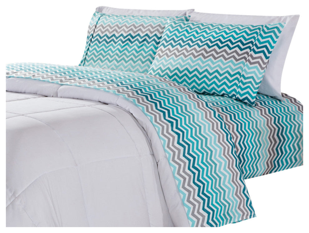 Bibb Home 4 Piece Printed Microfiber Sheet Set, Aqua Chevron, Twin