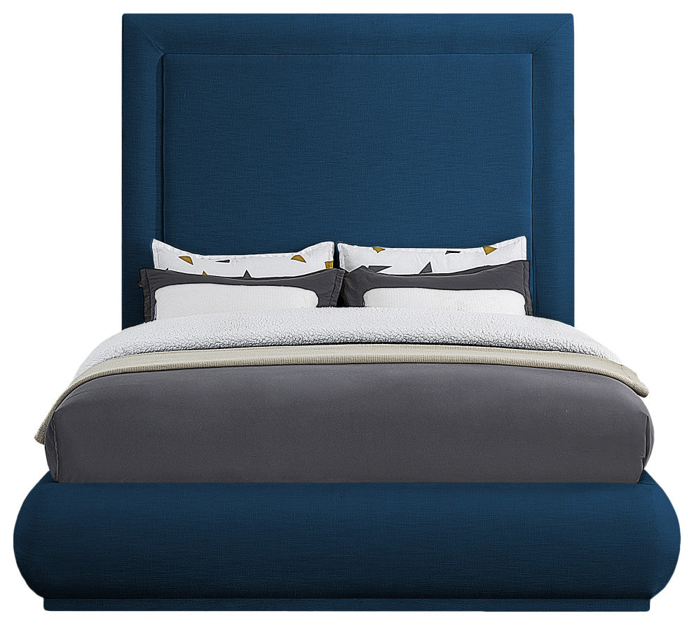 Brooke Linen Textured Fabric Upholstered Bed, Navy, Queen