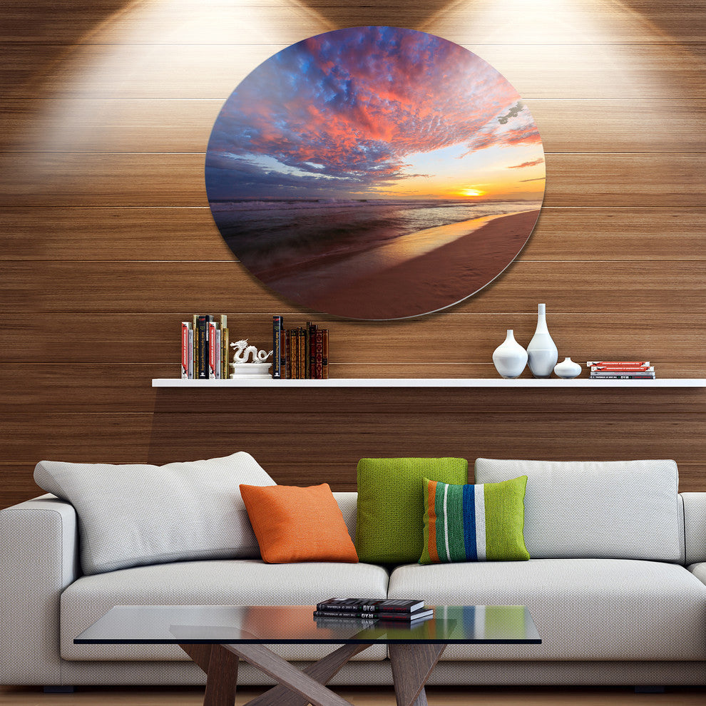 Colored Clouds In Beach At Sunset, Seashore Disc Metal Wall Art, 36"
