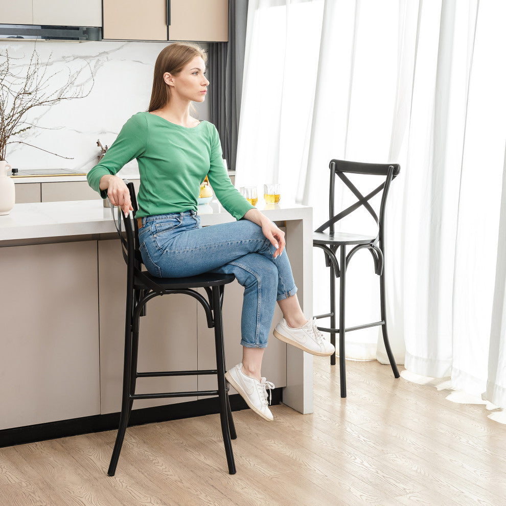 Black Steel Bar Stool With Solid Elm Wood Seat and Back Support, Set of 2