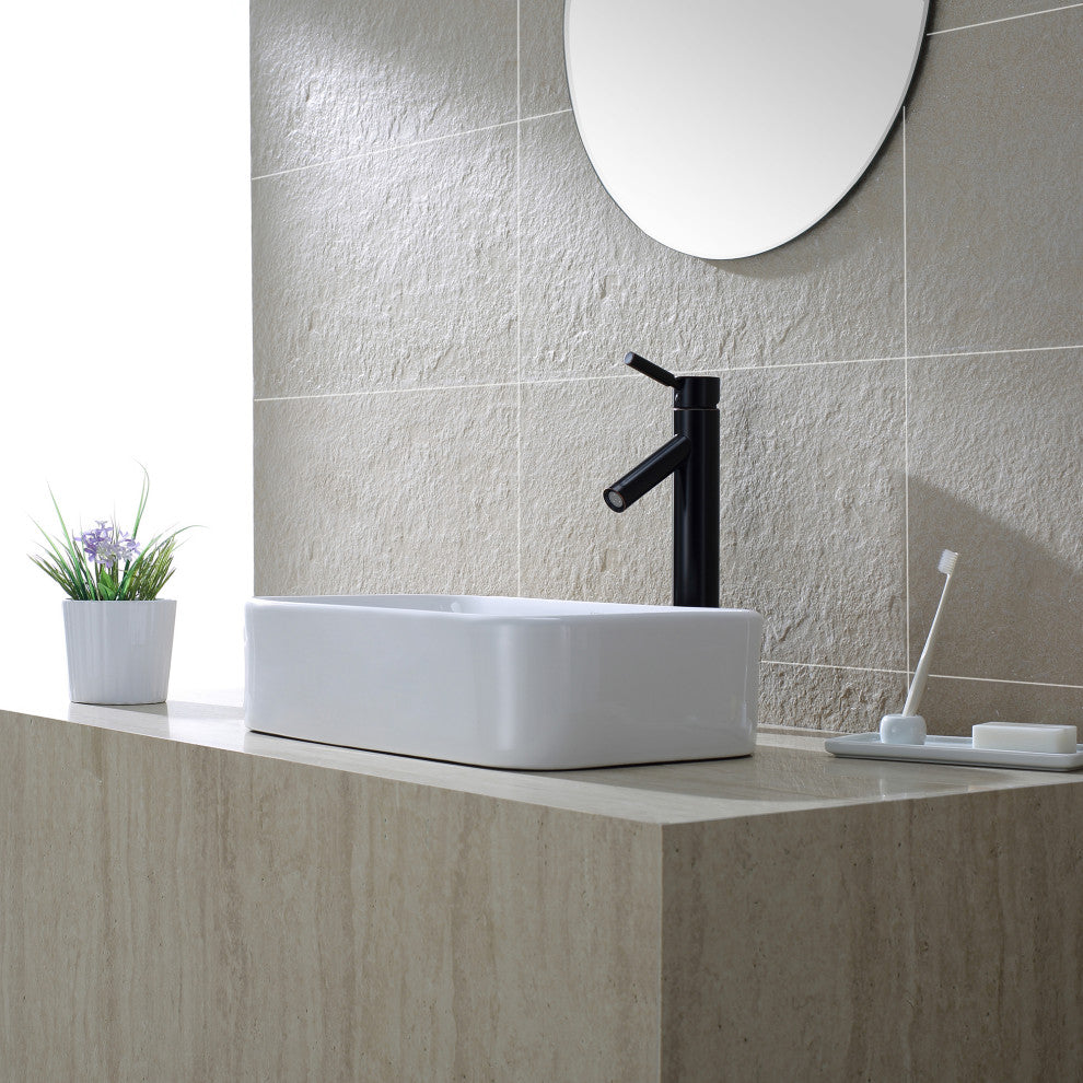 Elavo Ceramic Rectangle Vessel White Sink, PU Drain Oil Rubbed Bronze