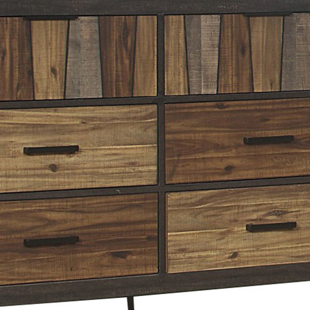 Benzara BM220028 Plank Style 6 Drawer Wooden Dresser, Metal Bar Handles, Brown