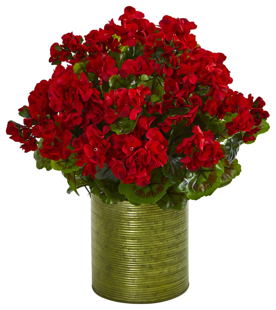 Nearly Natural Geranium Artificial Plant in Metal Planter UV Resistant Red