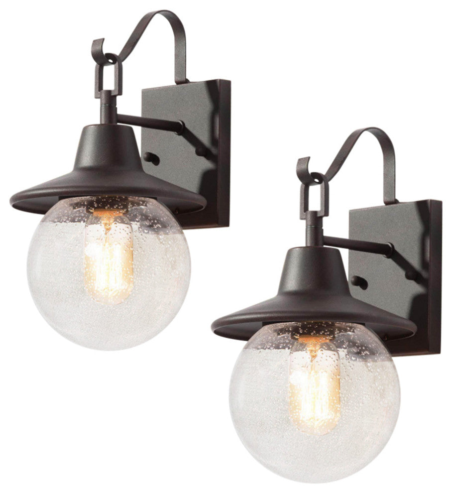 1-Light Bronze Seeded Glass Globe Outdoor Wall Lamp, Set of 2