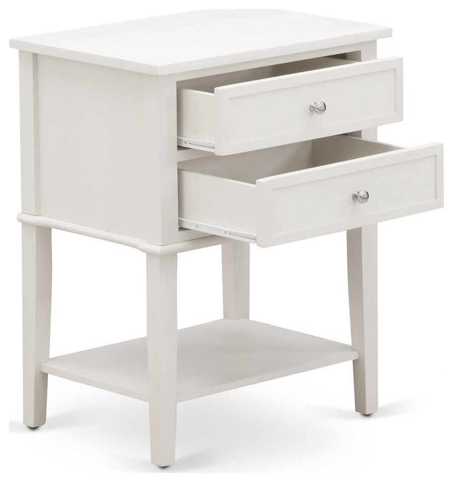 Small Night Stand, 2 Wooden Drawers, Wire Brushed Butter Cream Finish