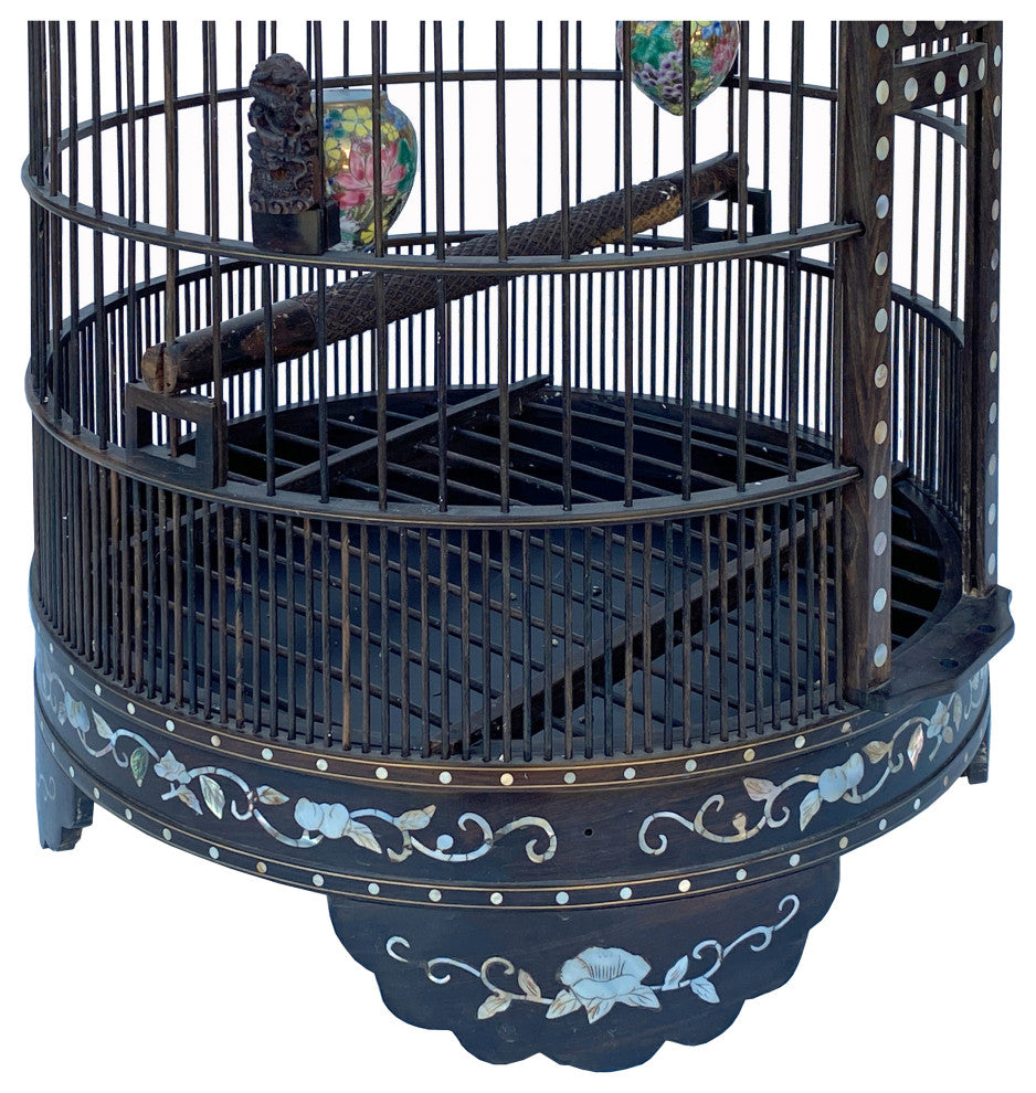 Chinese Tan Rosewood Mother of Pearl Inlay Round Collectable Birdcage Hcs7323