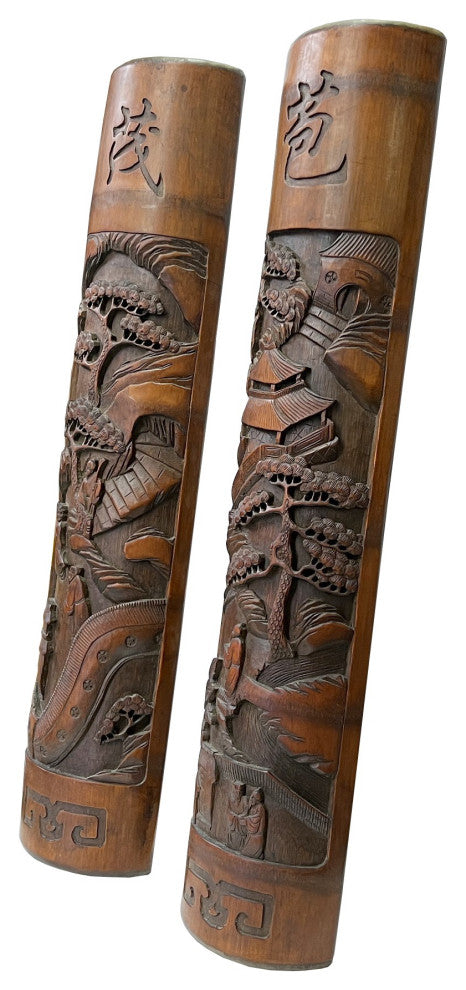 Pair Hand Carved Chinese Bamboo Calligraphy Landscape Panel Hws3048