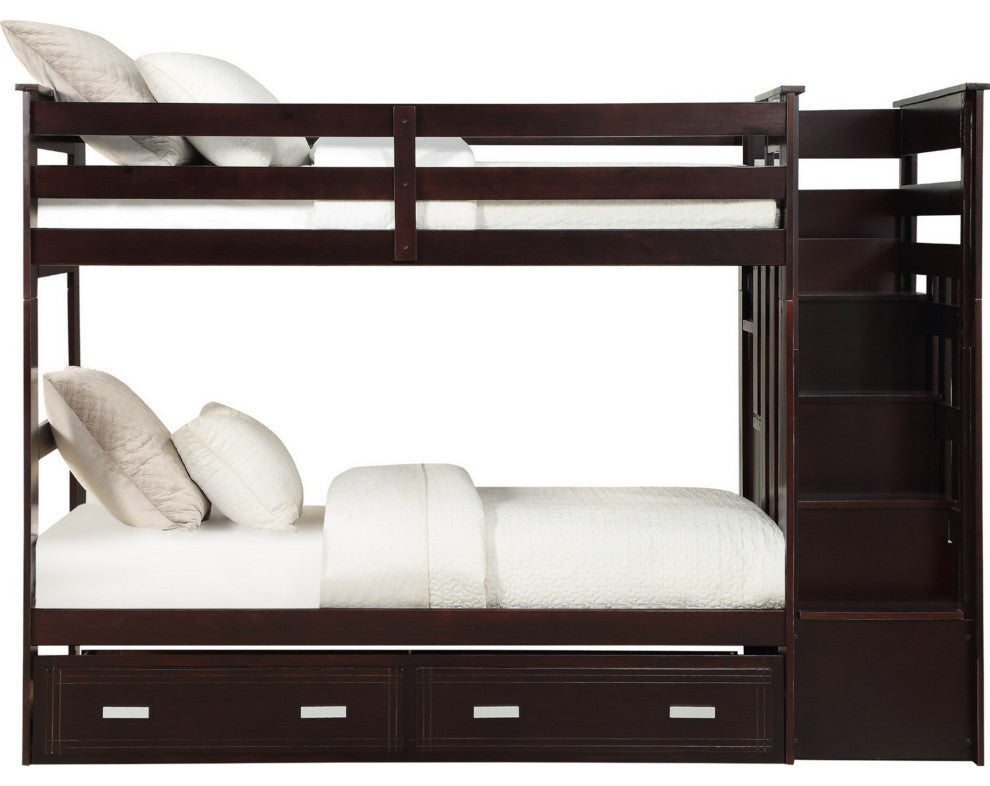 Benzara BM284016 Classic Wood Twin Bunk Bed With Trundle, Storage Ladder, Brown