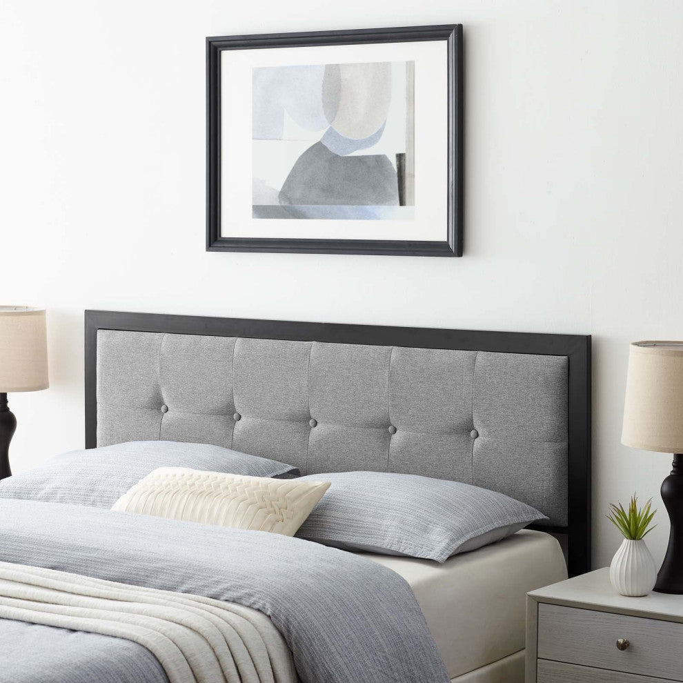 Tufted Headboard, Twin Size, Fabric, Metal, Black Grey Gray, Modern Contemporary