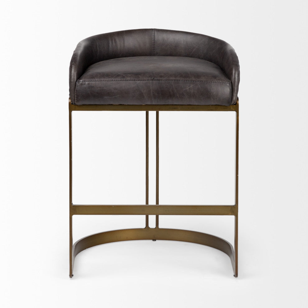 29" Black Leather Antiqued Gold Low Back Counter Stool