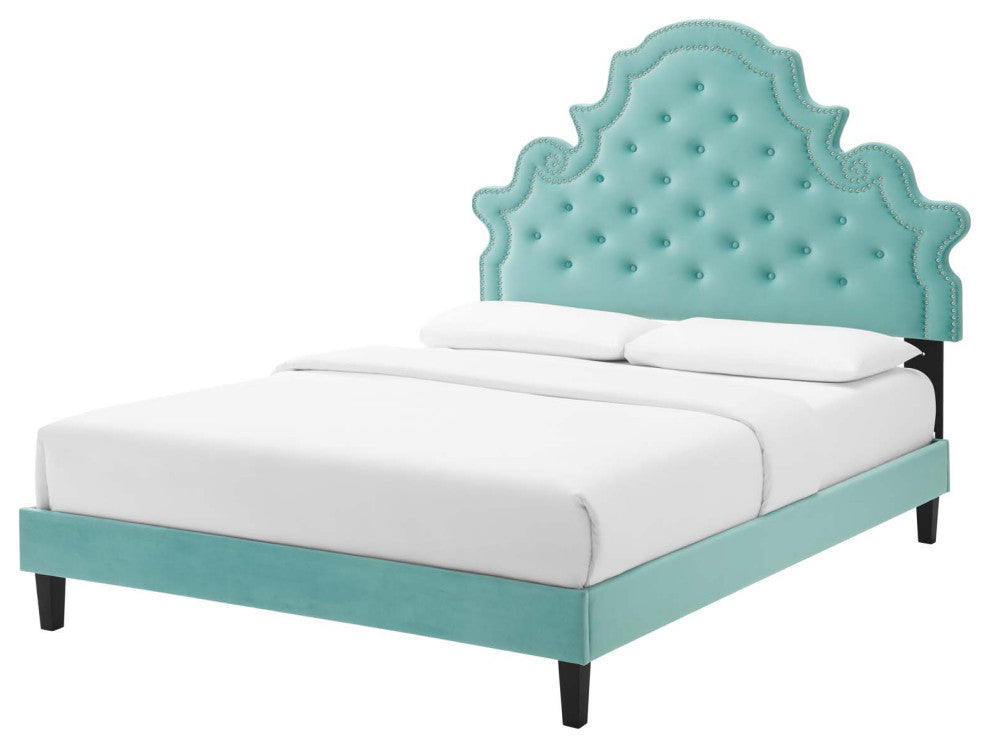 Tufted Platform Bed Frame, Queen Size, Velvet, Blue, Modern Contemporary