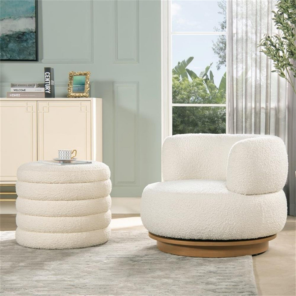 Fuji 22" Upholstered Boucle Round Storage Ottoman Ivory White