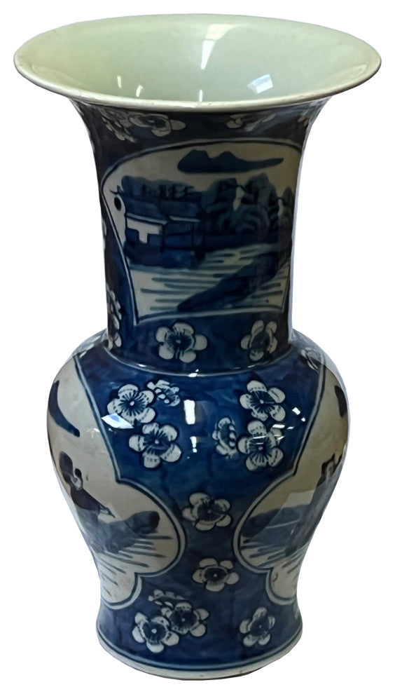 Vintage Chinese Blue White Porcelain Scenery Wide Mouth Vase Hws2512
