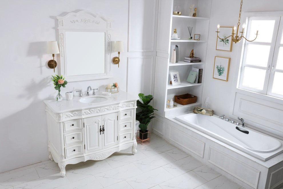 42" Single Bathroom Vanity, Antique White With Ivory White Engineered Marble, Antique White, 48