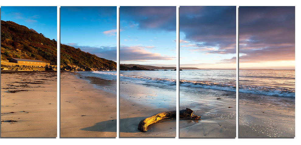 "Looe Cornwall Beach At Sunrise" Modern Beach Wall Art, 5 Panels, 60"x28"