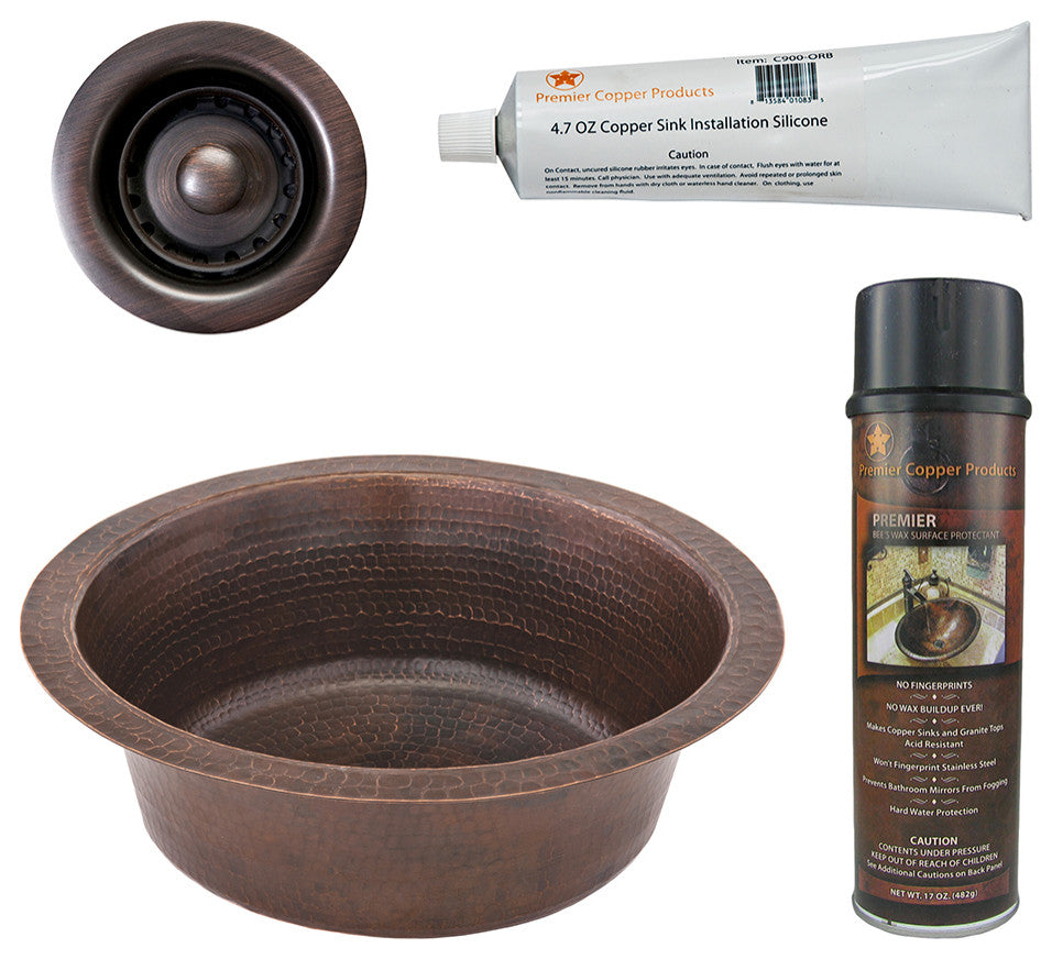 14" Round Hammered Copper Bar Sink, 2" Drain Opening, Drain & Accessories