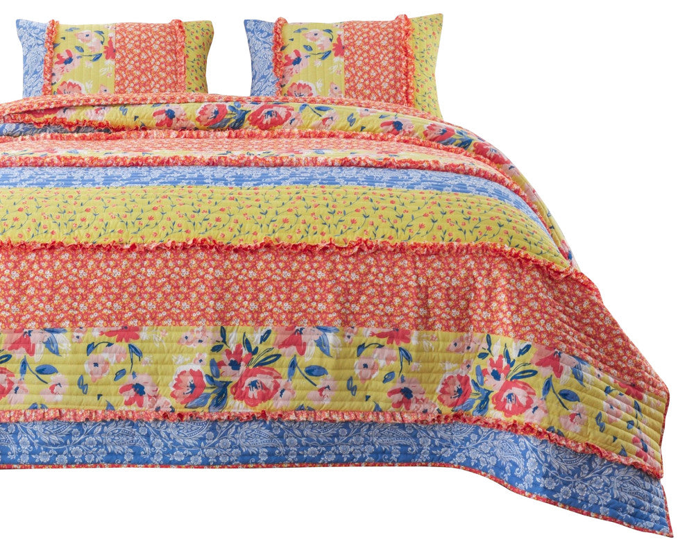 Benzara BM280444 Microfiber Twin Quilt Set, Bohemian Floral Pattern, Multicolor