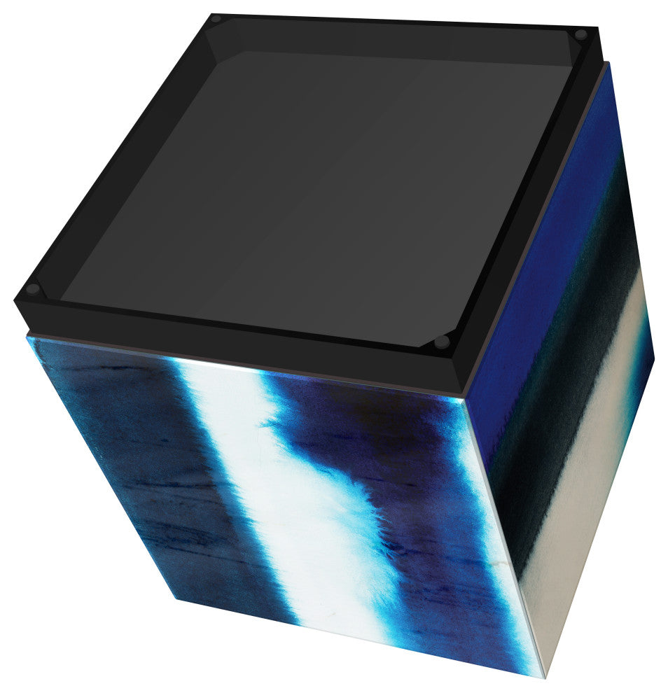 "Blue Run Off II" Reverse Printed Art Glass Side Table with Black Plinth Base