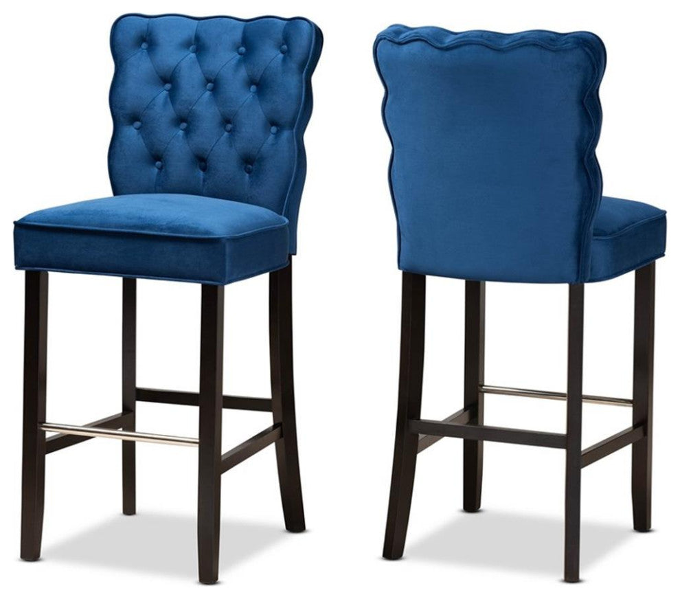 Baxton Studio Daphne Navy Blue Dark Brown Finished Wood 2-Piece Bar Stool Set