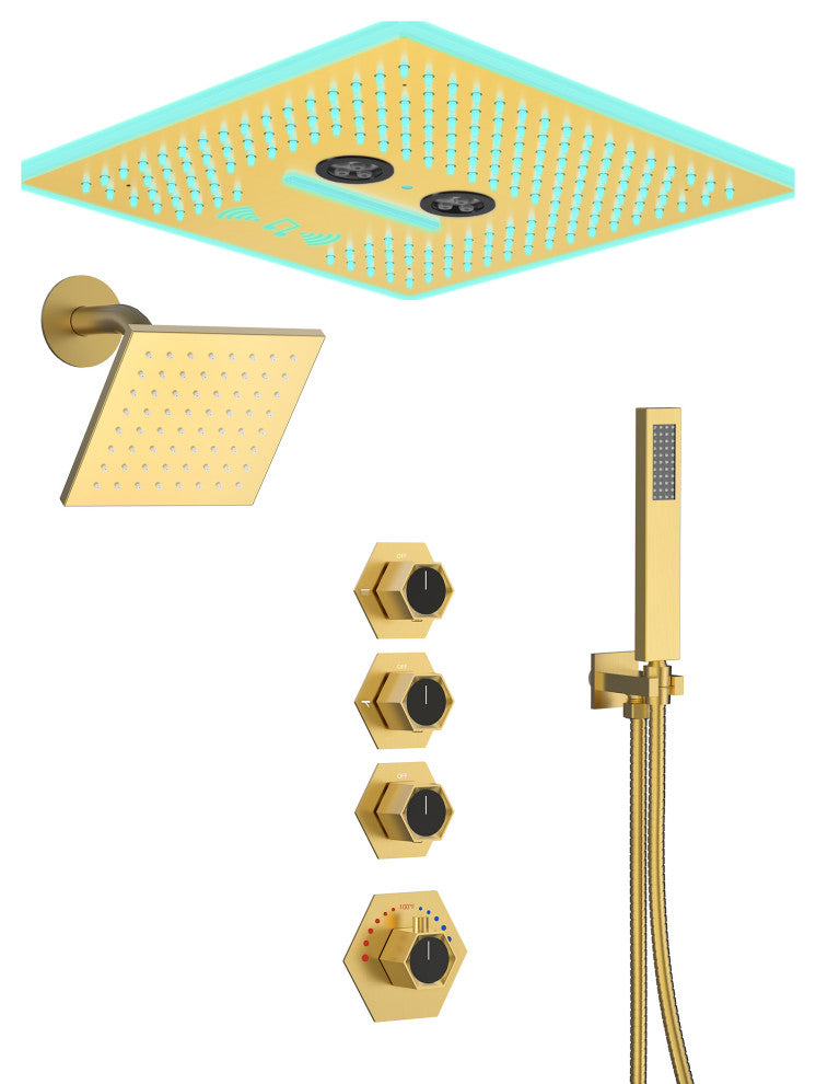 Music Shower System 16x6"Rainfall LED Shower Head With4 Way Thermostatic Faucet, Brushed Gold