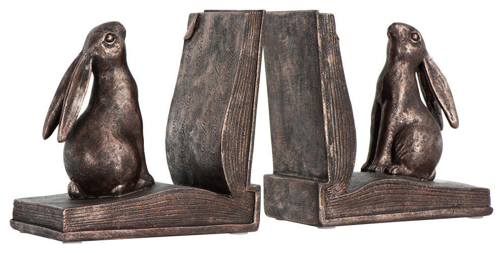Rustic Bronze Rabbit on Book Resin Bookends, Set of 2