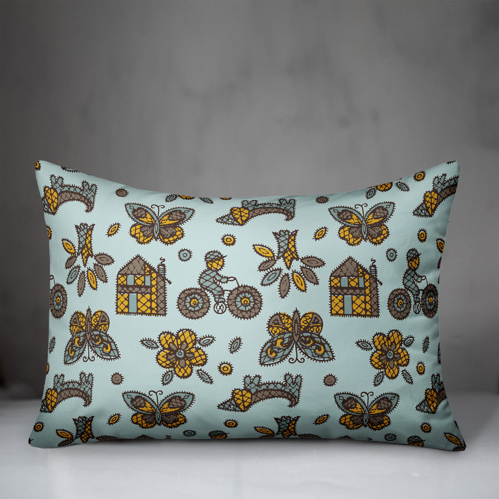 Kids Whimsical Folk Pattern in Blue Throw Pillow