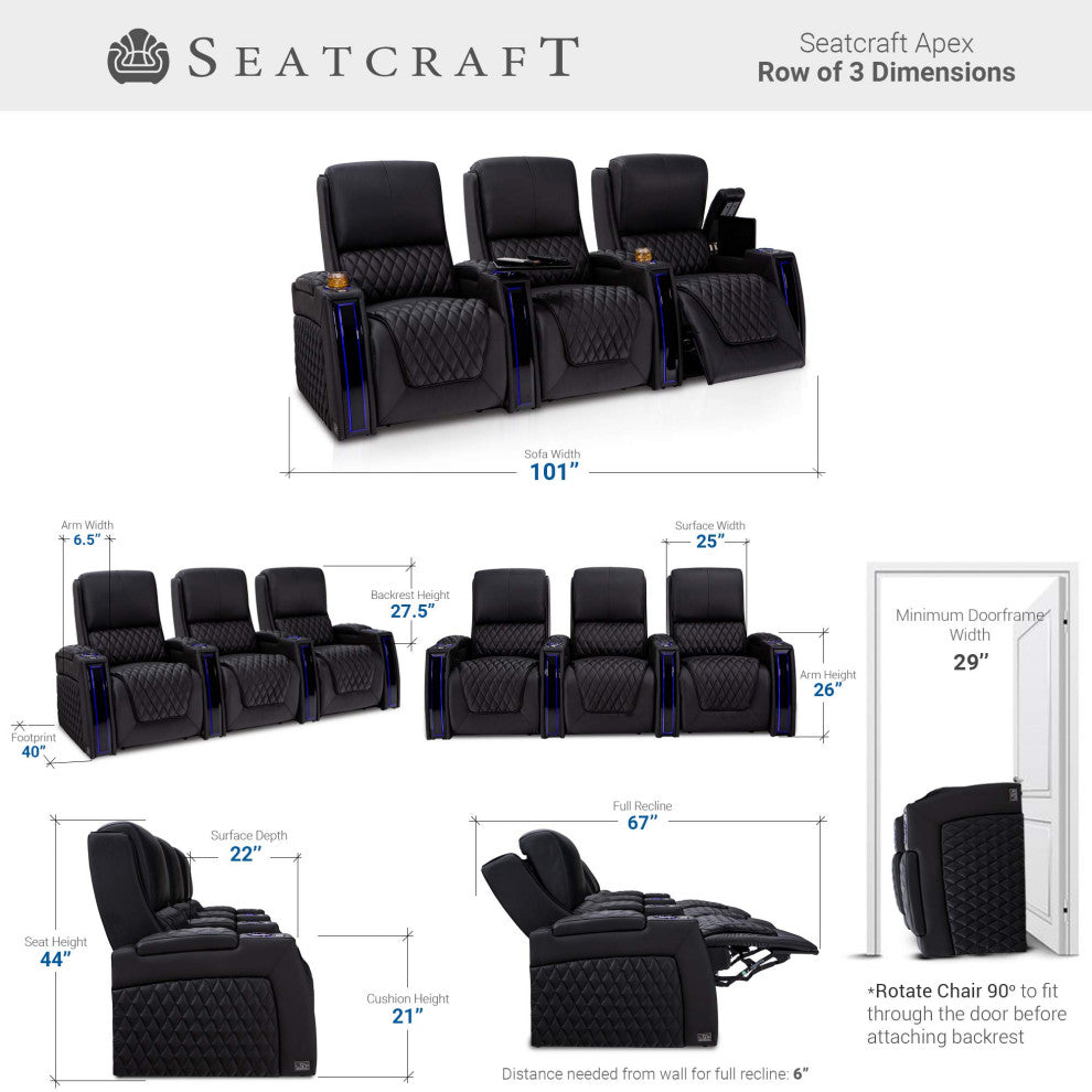 Seatcraft Apex Home Theater Seating, Black, Row of 3