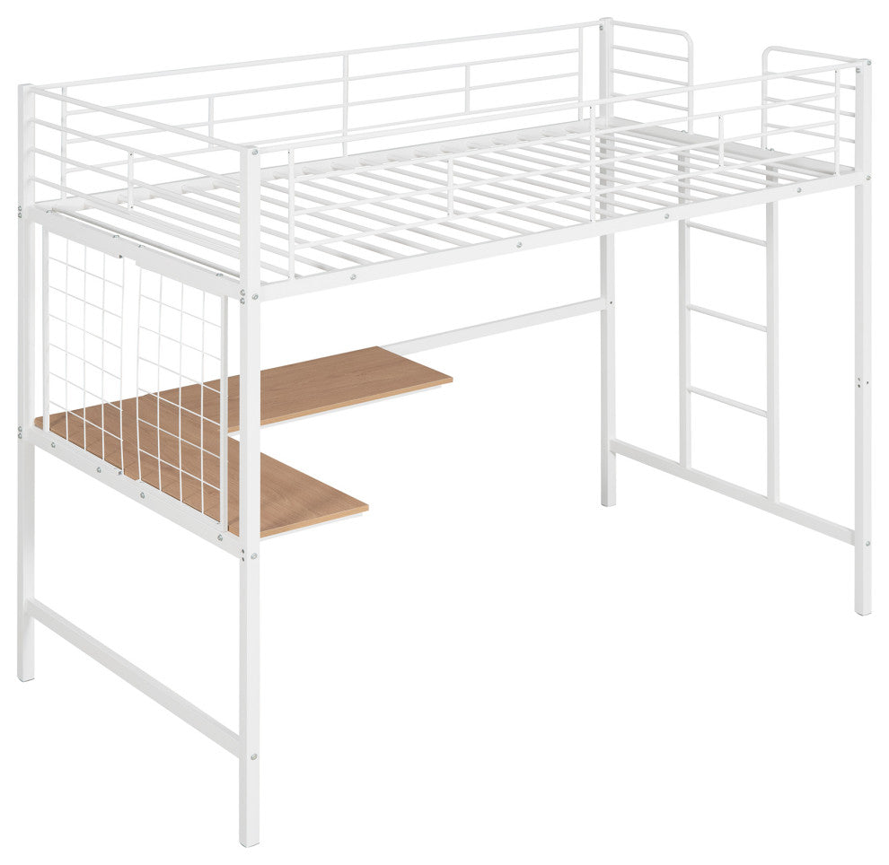 TATEUS Metal Loft Bed With Desk, Sturdy Metal Frame Guardrails Work and Play, White, Twin