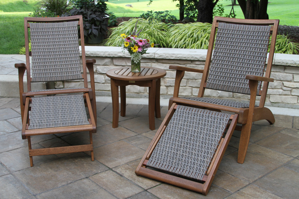 3-Piece Eucalyptus and Wicker Lounger Set With Ottoman and Round Accent Table