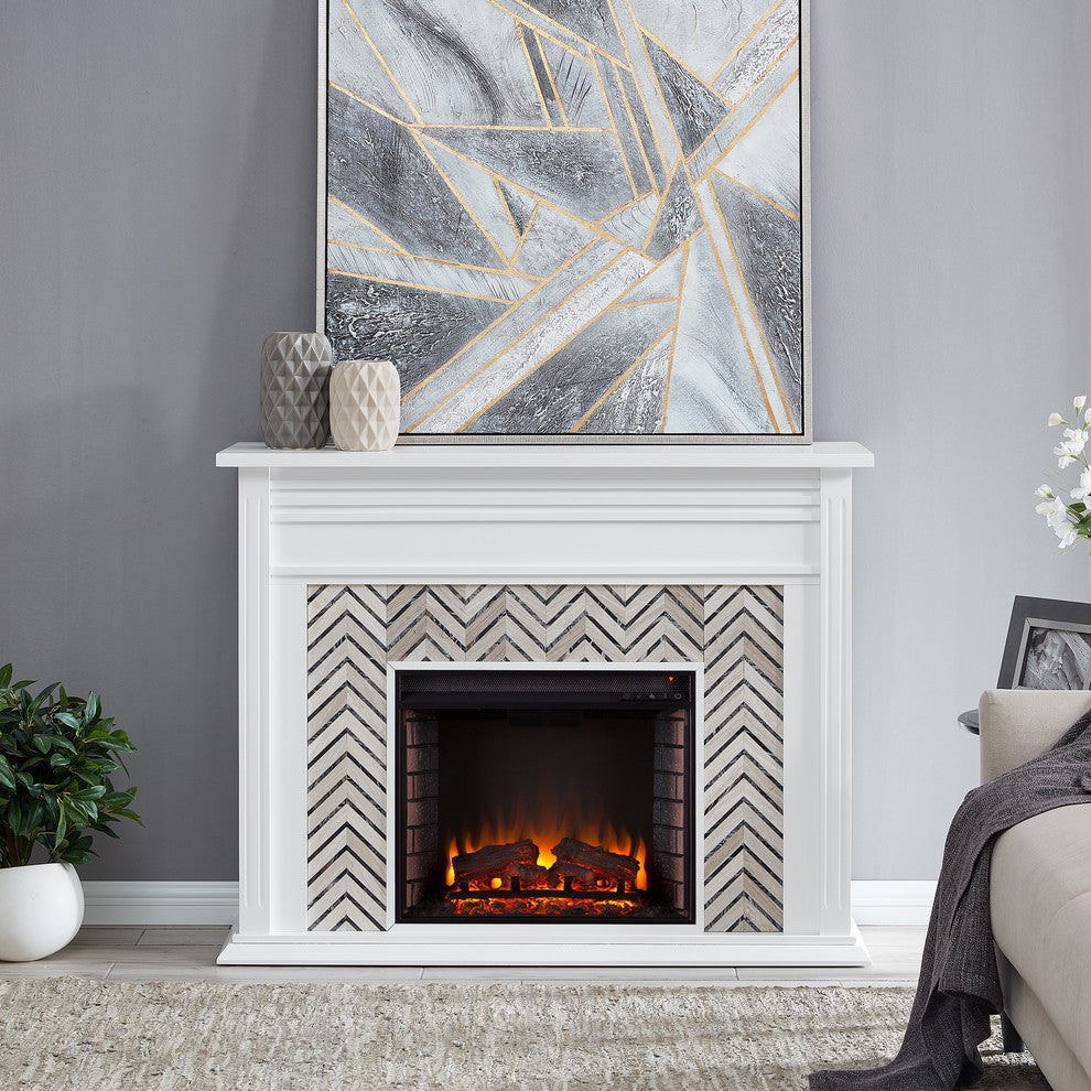 Hanston Tiled Marble Fireplace, White and Gray