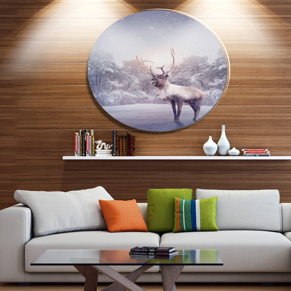 Huge Reindeer Standing In Snow, Animal Round Wall Art, 11"