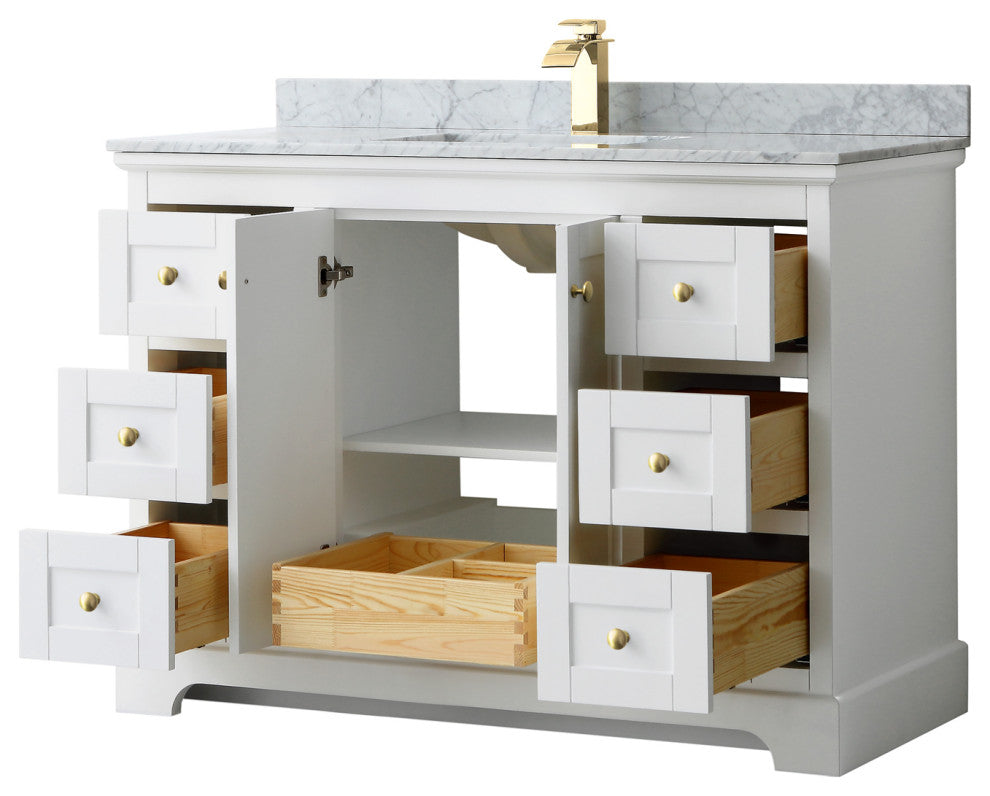 48" Single Bath Vanity, White, White Carrara Countertop, Sink, Gold Trim