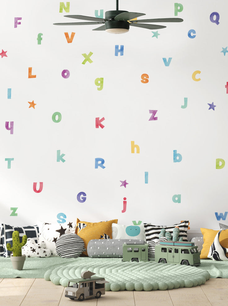 Watercolor Alphabet Vinyl Wall Stickers - Peel and Stick, Rainbow