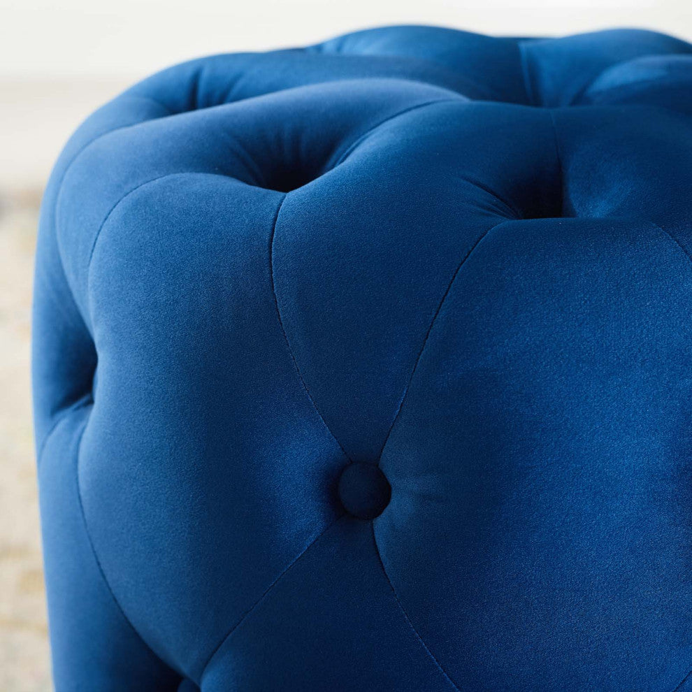 Tufted Accent Chair Ottoman, Round, Velvet, Blue Navy, Modern, Lounge