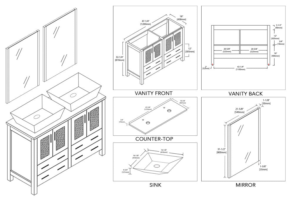 Sydney 48" Double Vanity Set With Vessel Sinks and Mirrors, Espresso