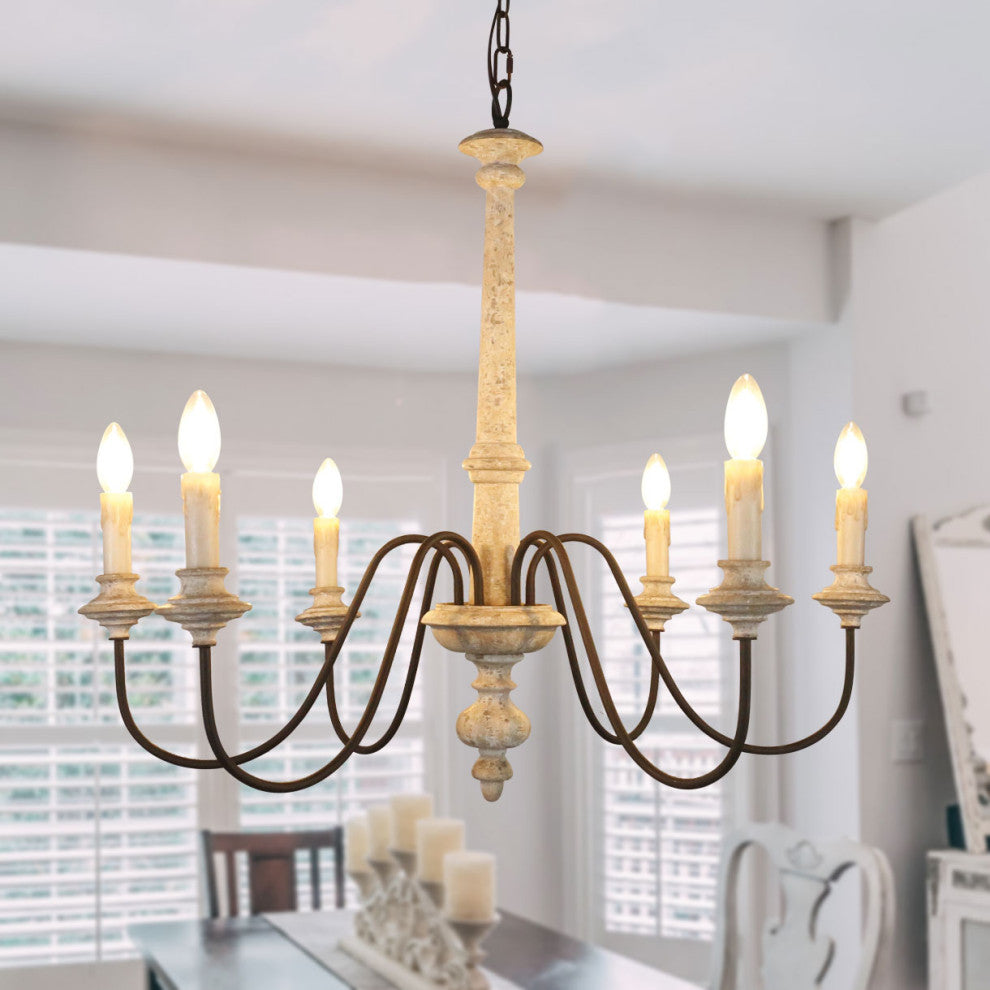 6 Light Candle Style Classic chandelier With Wood Accents