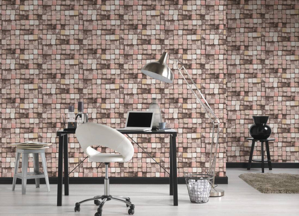 Faux Textured Wallpaper, Wood Mozaic, Brown Cream Pink, Sample