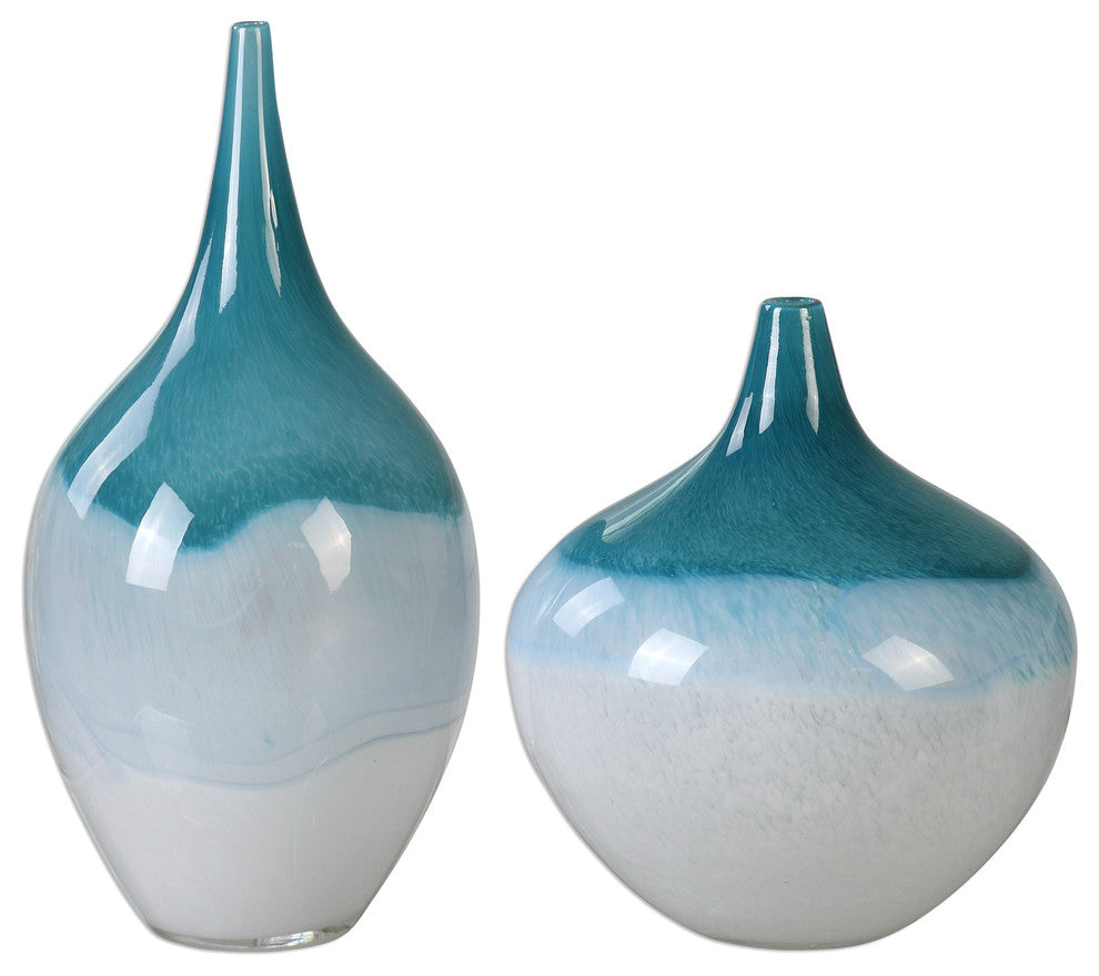 Large Teardop Shape Glass Vase Set, Blue Green Turquoise Elegant Sculpted